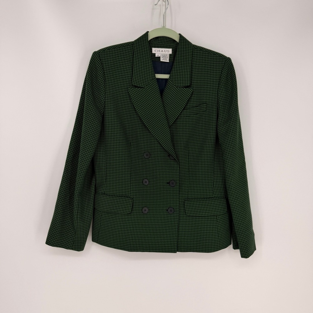 VTG Chaus Blazer  8 Green Hound's-tooth Double Breasted Wool Blend Dark Academia